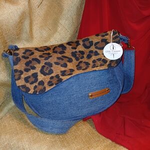 Denim Crossbody Bag with Leopard Print Accent